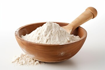 Wall Mural - Flour in wooden bowl on white background