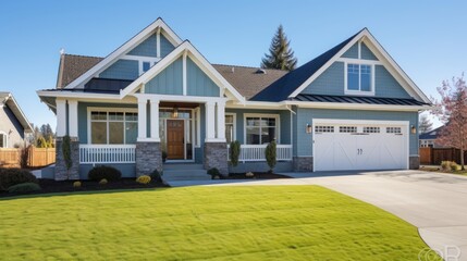 Beautiful new home exterior with two car garage and covered porch on sunny day