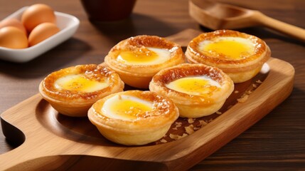 Wall Mural - a platter of egg tarts served on a rustic wooden board