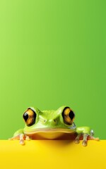 Wall Mural - A little green frog sits on a yellow table on a green background a banner with space for your text