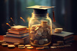 Cost of education concept - graduate hat on glass jar of with coins. Scholarship concept