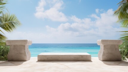 Poster - Stone podium for displaying summer products on a tropical sea beach.
