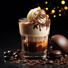 Wall Mural - Chocolate liquid dessert with cream on dark background with reflection. hot drinks for the party. 3d illustration