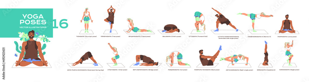 People in different yoga poses set. Man and woman stretch, training ...