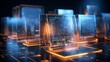glass displays with holographic interface close-up, with orange elements, soft warm blue glowing, metallic material, glossy and glowing material