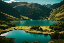 A Pristine Lake Nestled In The Valleys Of New Zealand, Surrounded By Rolling Hills Adorned With Vibrant Native Flora, Capturing The Essence Of The Country's Picturesque Landscapes