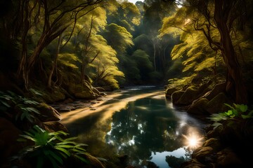 Wall Mural - Serpentine river meandering through a dense forest, with sunlight filtering through the leaves to create a play of shadows on the water's surface