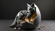 Statue / Skulptur eines Fuchses aus Stein, der aus einem Ei schlüpft, vor dunklem schwarzen Hintergrund. Fotorealistisch. Künstlerische 3D-Illustration, beleuchtet