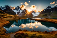 Fantastic Evening Panorama Of Bachalp Lake / Bachalpsee, Switzerland. Picturesque Autumn Sunset In Swiss Alps, Grindelwald, Bernese Oberland, Europe. Beauty Of Nature Concept