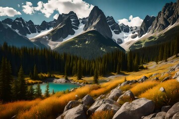 Wall Mural - Panorama of a rocky mountain meadow with larch trees and mountain range in the background- British Columbia, Canada