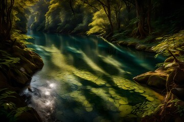 Wall Mural - Serpentine river meandering through a dense forest, with sunlight filtering through the leaves to create a play of shadows on the water's surface