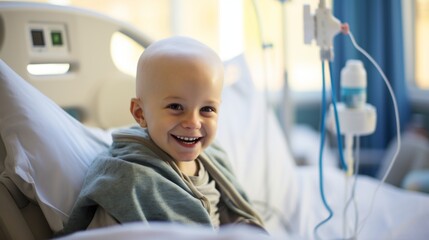 A portrait of a bald young patient boy smiling in a cancer hospital bed in a medical care hospice bald after course chemotherapy. Children with cancer concept