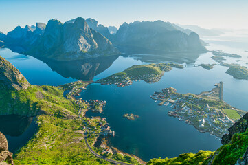 Wall Mural - norwegian fishing village at the lofoten islands in norway, aerial view