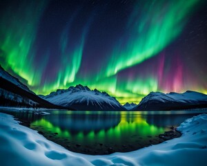 A mesmerizing landscape at night, inspired by the Northern Lights, vibrant colors swirling across the sky in an ethereal display