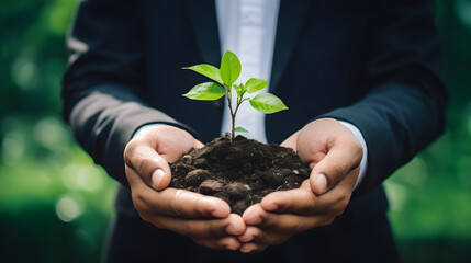 Hands of a businessman holding with care the seedling of a plant with green leaves sprouting. Sustainable growth & environmentally conscious long term investment concept.