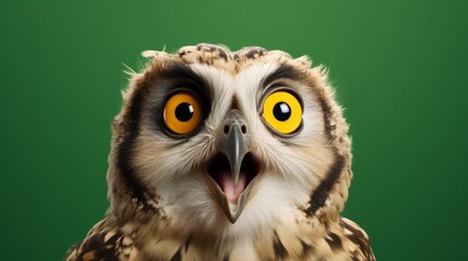 Wall Mural - studio portrait of surprised owl, isolated on green background