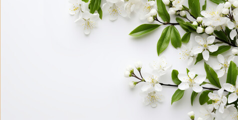 Wall Mural - Minimalistic background with spring flowers on a light background. Copy space