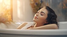 Home Spa Relax Of Bathing Beauty Woman Resting In Bathtub With Closed Eyes