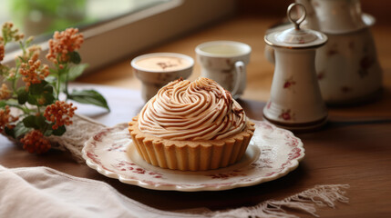 Wall Mural - Mont Blanc dessert, French cake with chestnut caramel whipped cream. Tarte base, cream passed through a sieve to form a vermicelli.