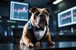 A realistic bulldog at his desk in front of his screen, posing like a business person dominating the stock market. Defocused and colorful background.