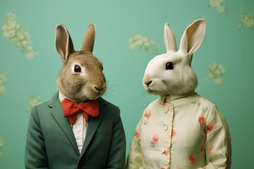 Wall Mural - Cute loving cartoon couple of rabbits in elegant clothes, Valentine's day card