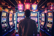 Men playing slot machine in casino
