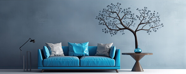 Poster - Pastel blue colored sofa against blue wall in living room interior.