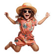 jumping Adorable Girl in Summer Clothes, Sunglasses, and Straw Hat - Transparent PNG for Summer Fun Concept