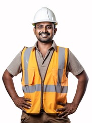 Wall Mural - A builder in India with a joyful expression, wearing safety gear and posed for a studio photo.