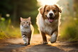cat and dog walking on road in nature