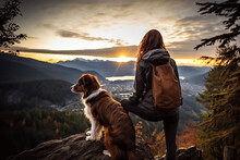  Charming Traveler Girl And Her Border Collie Dog Are Enjoying The Sunset In The Mountains. Traveling Alone