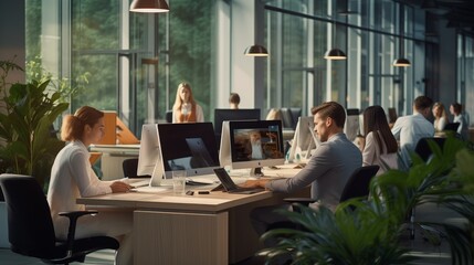 Corporate staff employees working together using computers at coworking, busy workers group walk in motion sitting at desks in modern open space room interior