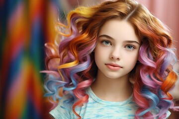 Canvas Print - Portrait of cute young girl with rainbow hair