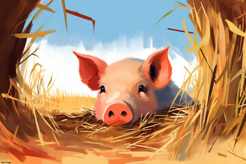 Wall Mural - cartoon illustration of a pig in a grass nest