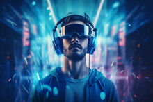 Generative AI Picture Of Nice Happy Man Enjoying Listening To Music On Neon Illuminated Background