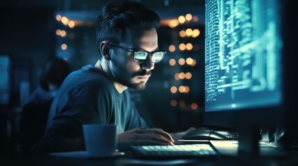 The concept of modern computer technology and programming. The programmer's face is closeup against the background of the code while programming and creating innovative solutions to global issues