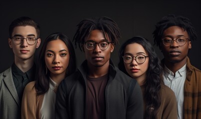 Wall Mural - Diverse group of young adults with serious expressions, standing close together against a dark background.