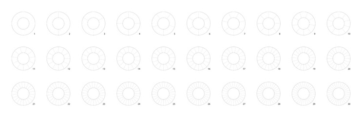 Wall Mural - Line donut chart. Circle pie graph for analyzing of ring parts. Crossing lines divide wheel into a number of sectors and segments. Slices are percentage pieces of doughnut.