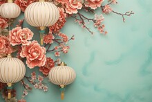 Hanging Lantern Traditional Asian Decor On Light Blue Background With Pink Flowers. Chinese Lantern Festival. New Year Abstract Greeting Backdrop With Copy Space. Design For Poster, Card, Banner