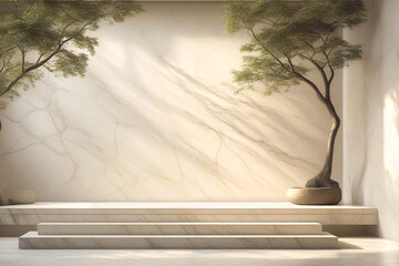 Empty beige marble interior with stairs, plants