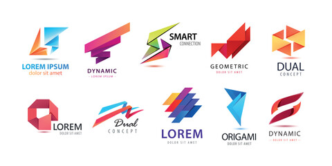 Wall Mural - Vector set of abstract logo design, geometric technology icons, business 3d shapes collection. Origami, crystal forms and emblems.