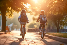 Two School Children Ride Bicycles Along The Road In A City Park. Children With Backpacks On Bicycles Going To School