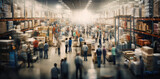 Fototapeta Londyn - Busy warehouse with workers and forklifts in motion, showcasing logistics and industry.