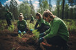 Volunteers actively reforesting a clearing, nurturing young trees in a lush forest setting