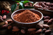 Cocoa powder in a bowl and cocoa beans on a wooden background