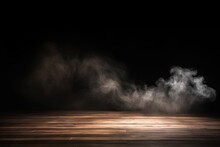 Mesmerizing Dance Of Smoke And Light. Abstract Background Showcases Playful Interaction Of Black Fog And White Mist Forming Swirls Curves And Waves With Wooden Floor
