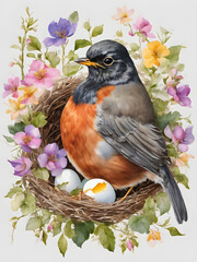 Sticker -  Watercolor illustration of a robin and a nest with eggs in spring.Generative AI.