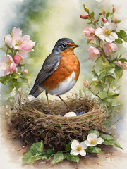 Sticker -  Watercolor illustration of a robin and a nest with eggs in spring.Generative AI.