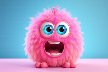 Funny fluffy monster is shocked or scared. Hight emotion, expressive. Wow! Happy and cute little pink monster isolated on blue background. Cute yeti. Halloween character	