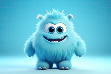 Funny fluffy monster isolated on clear bright blue background. Happy and furry little monster. Cute yeti. Halloween character	
